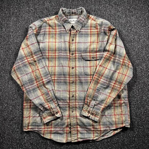Eddie Bauer Flannel Shirt Men’s XL Gray Red Beige Plaid Button-Up Cotton Casual - Picture 1 of 5